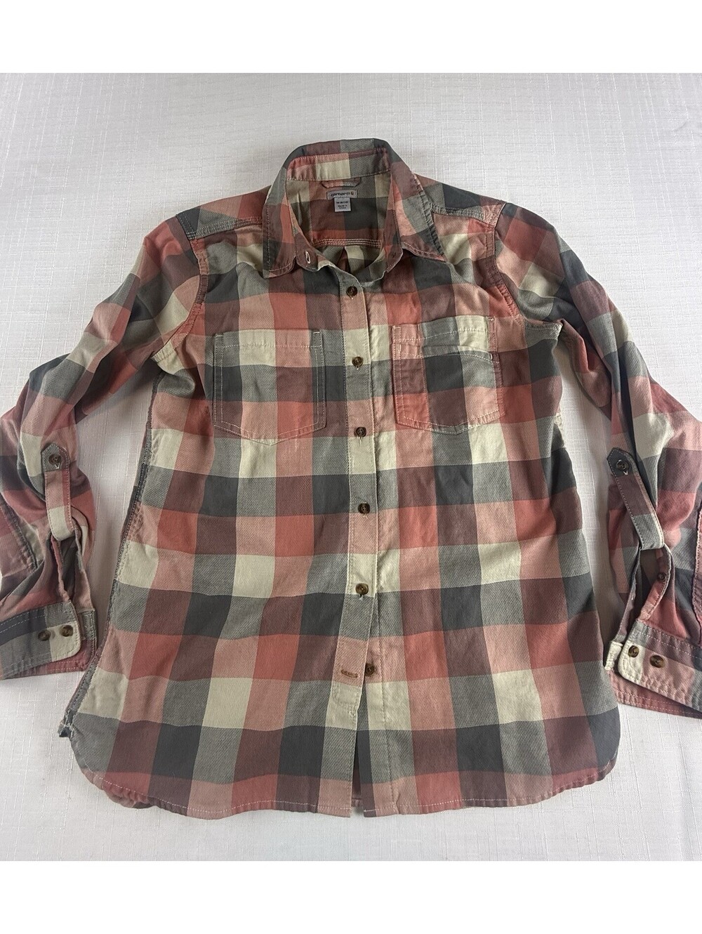 Carhartt Womens Medium 8/10 Plaid Button Front Shirt Coral Gray Roll Tab Sleeve